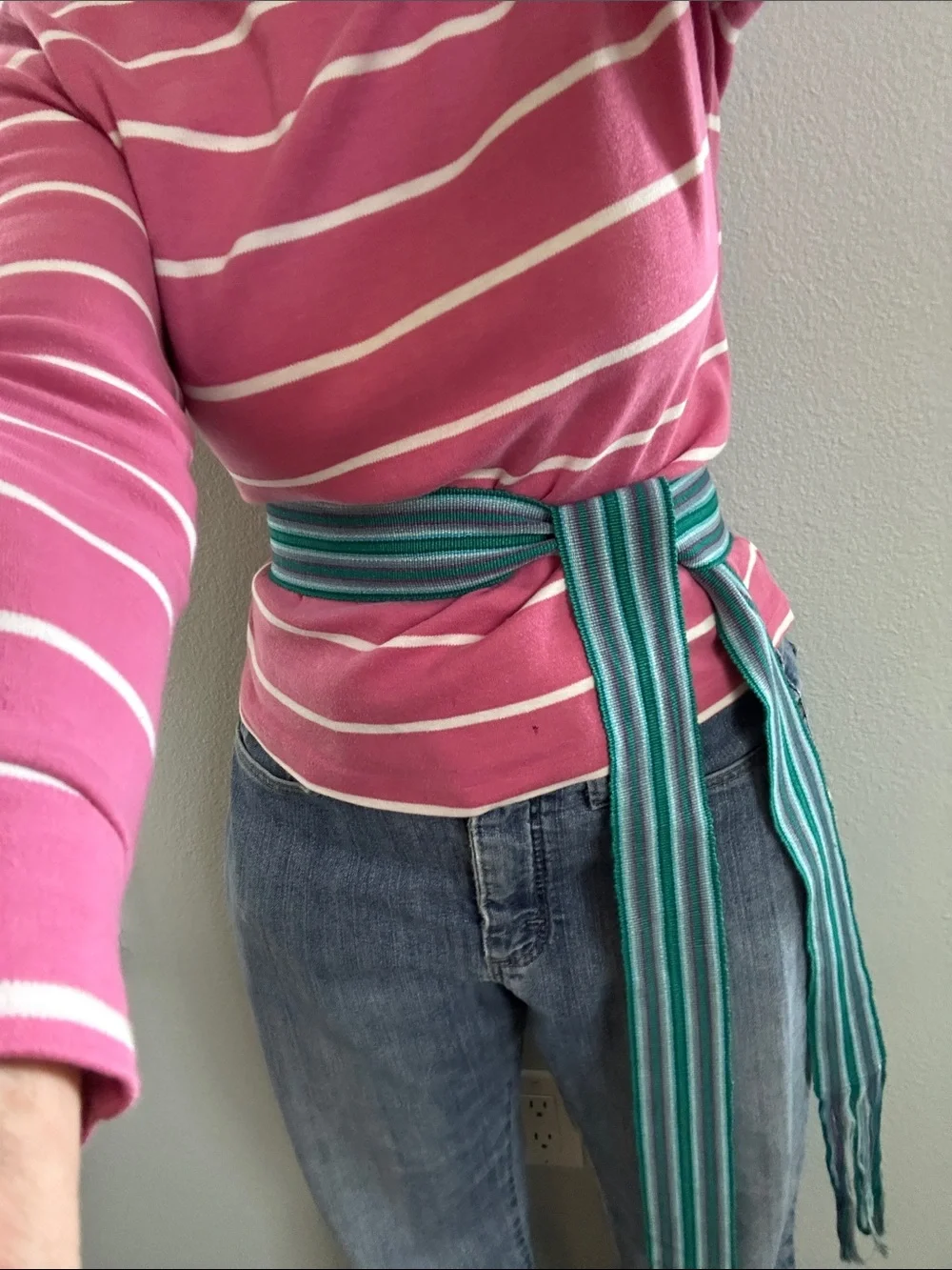 Striped Fringe Woven Belt in Teal, White & Purple
